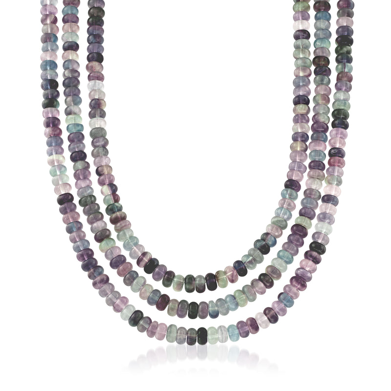 Multicolored fluorite beaded three-strand necklace with sterling silver