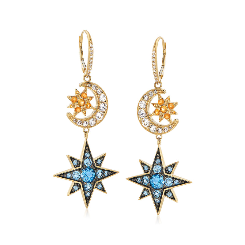 Gold-tone celestial drop earrings with crescent moon, blue star and orange accents, leverback