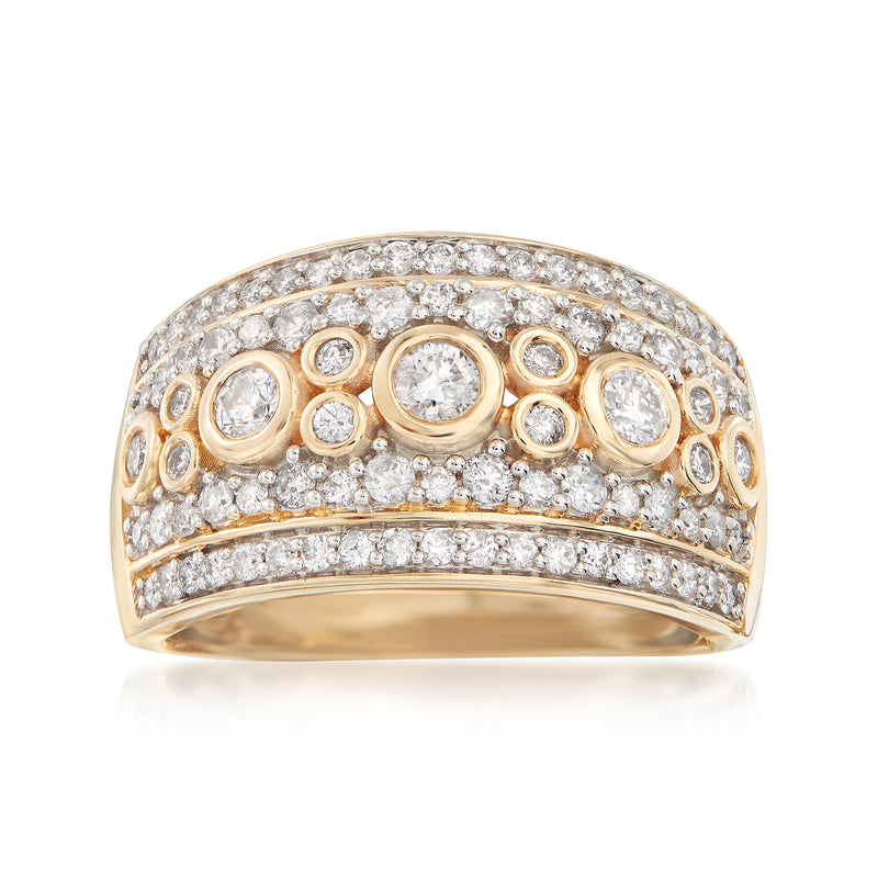 14kt yellow gold diamond multi-row ring with round and bezel-set diamonds
