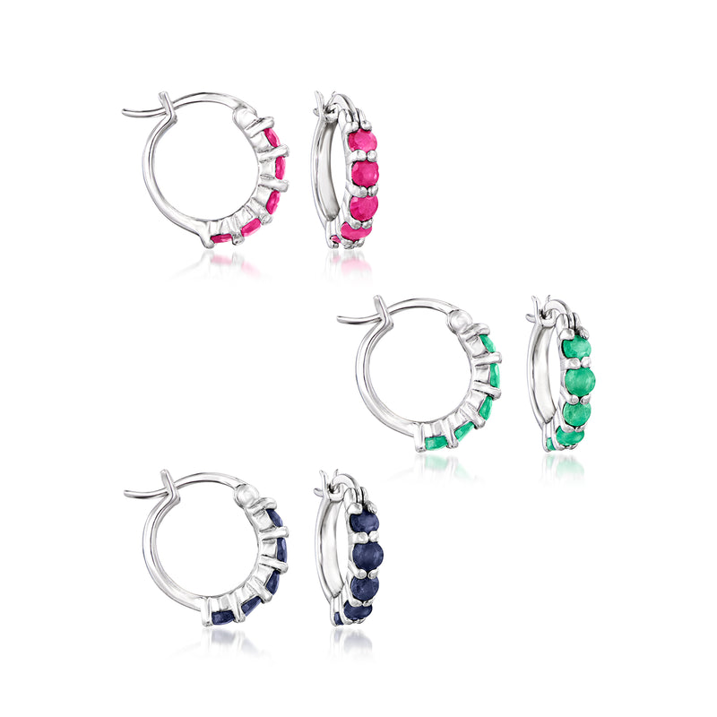 Sterling silver huggie hoop earring set with pink, green and blue stone accents