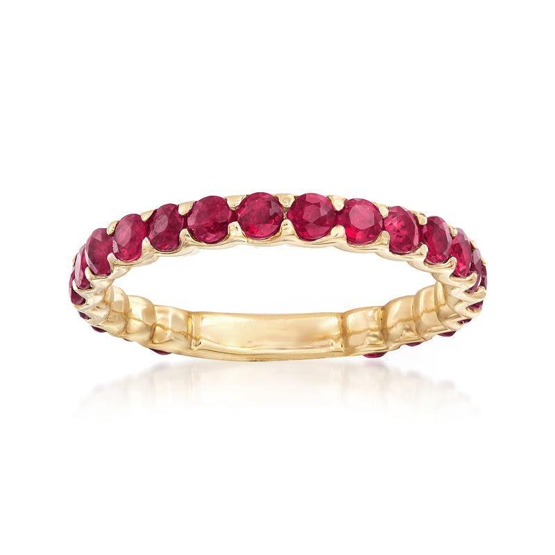 14kt yellow gold ruby ring with round red gemstones across the band