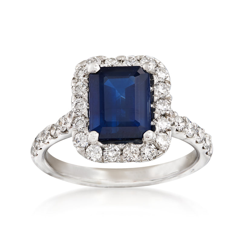 14kt white gold halo ring with dark blue square sapphire and round diamond accents
