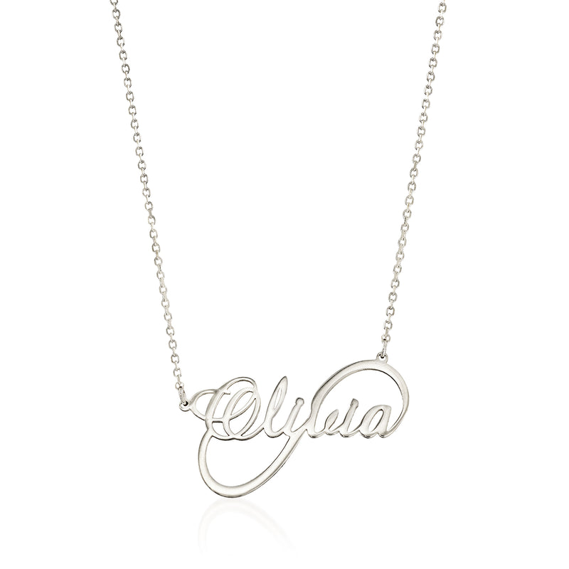 Sterling silver chain necklace with infinity-style script name pendant