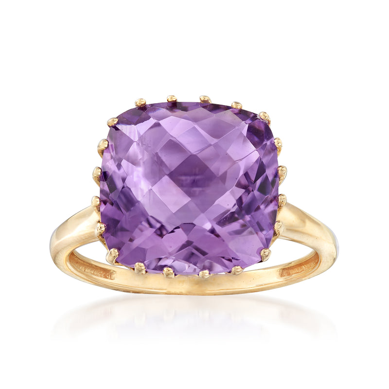 14kt yellow gold amethyst ring with large purple cushion-cut gemstone