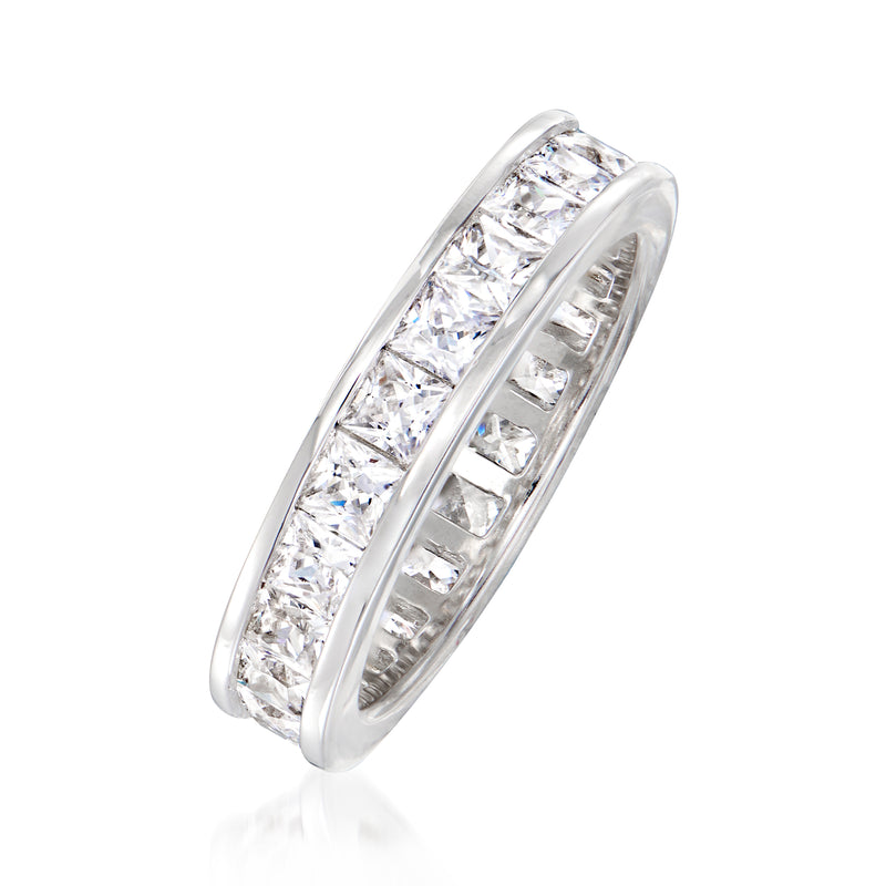 Sterling silver princess-cut CZ eternity ring, angled side view with raised settings
