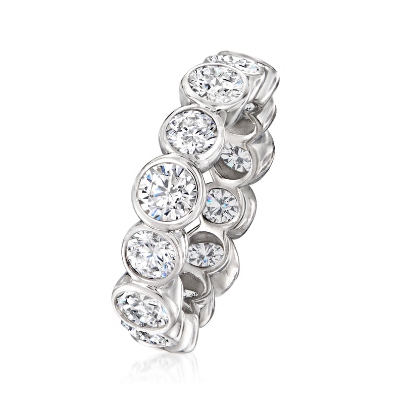 Sterling silver eternity band, side view with round CZ stones and shared prongs