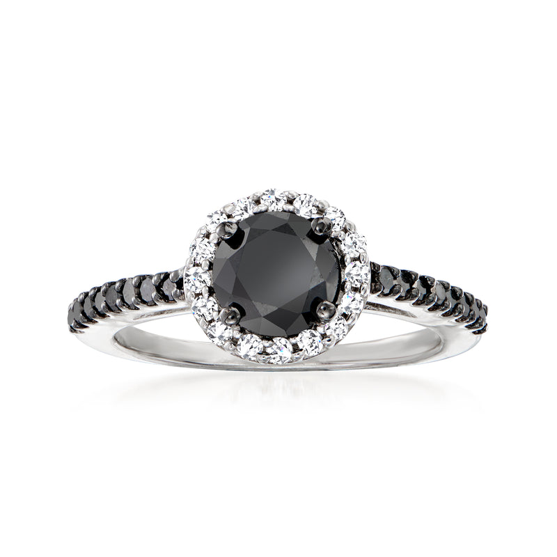 Sterling silver halo ring with black round center stone and white diamond border