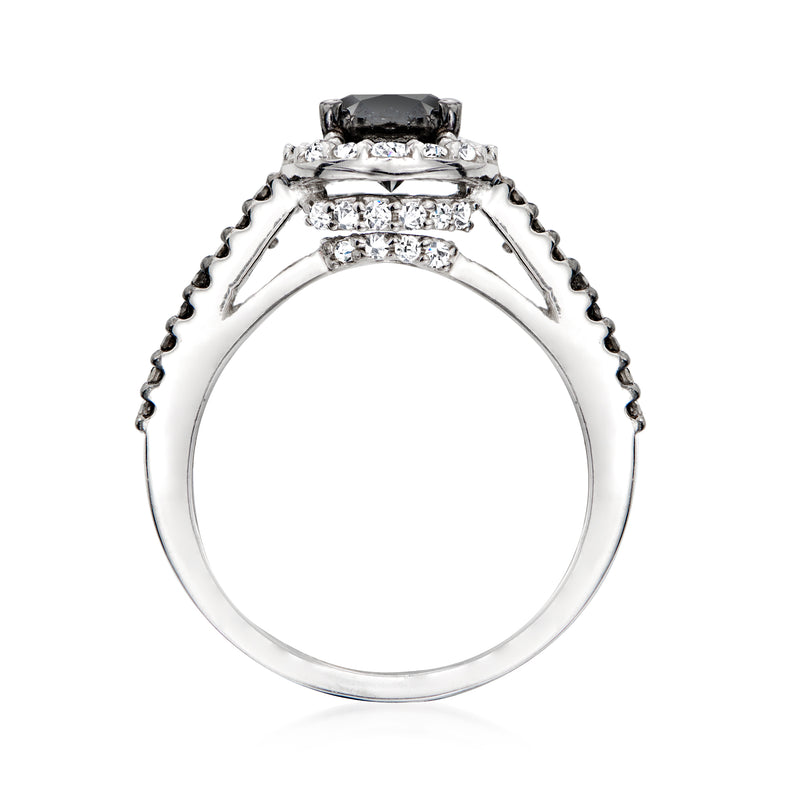 Sterling silver diamond halo ring with black center stone and prong-set side details