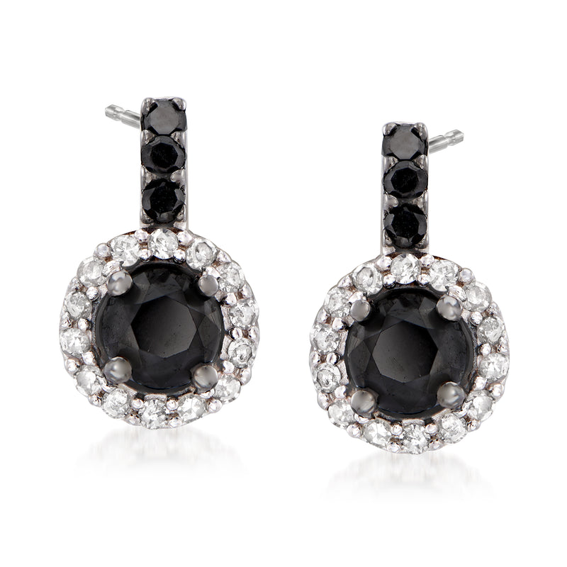 Sterling silver diamond drop earrings with black center and white halo, faceted stones