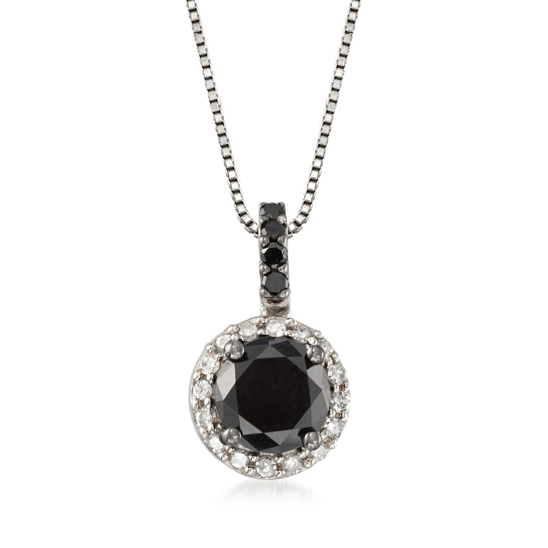 Sterling silver diamond pendant necklace with round black center stone and white halo
