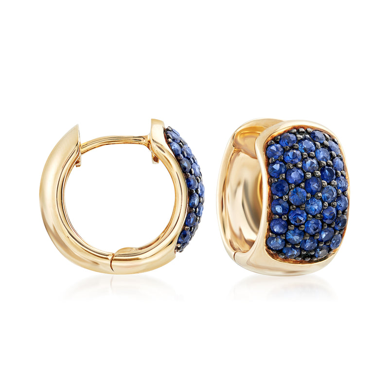 14kt yellow gold sapphire huggie hoop earrings with pavé-set blue stones