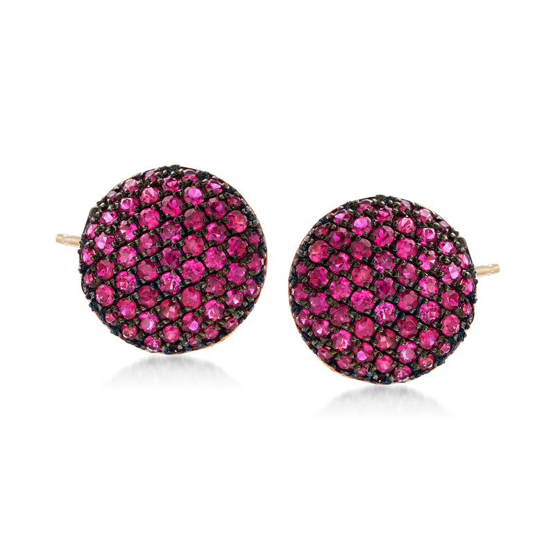 Ruby stud earrings in 14kt yellow gold with round pavé ruby faces