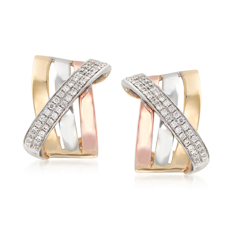 Diamond crisscross drop earrings in tri-colored 14kt gold