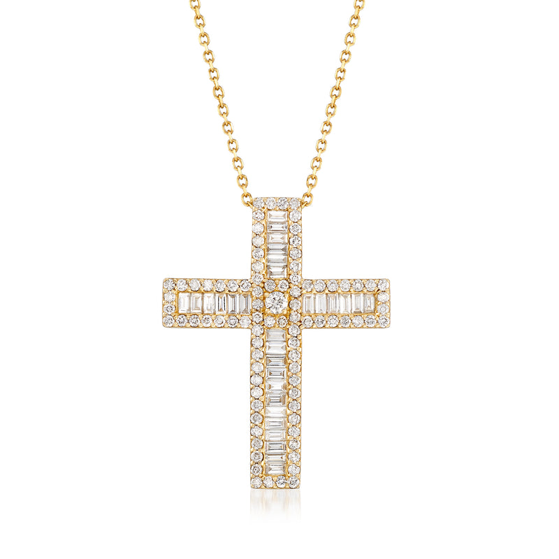 Diamond cross necklace in 14kt yellow gold with baguette and round diamond accents