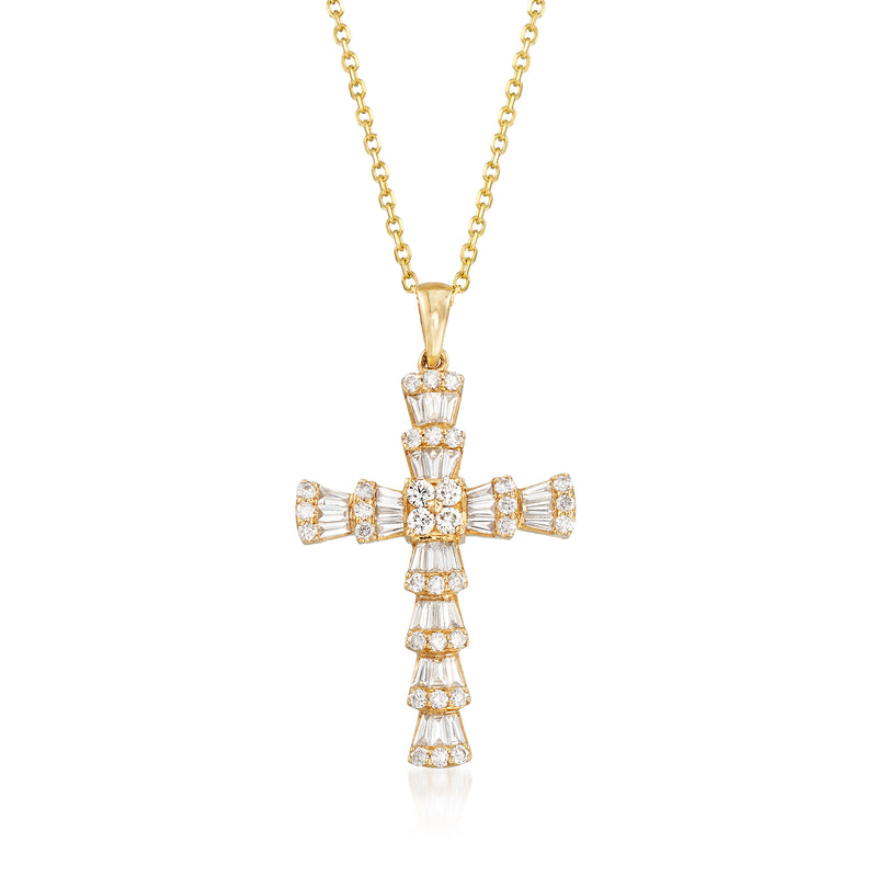 14kt yellow gold diamond cross necklace with baguette and round stones