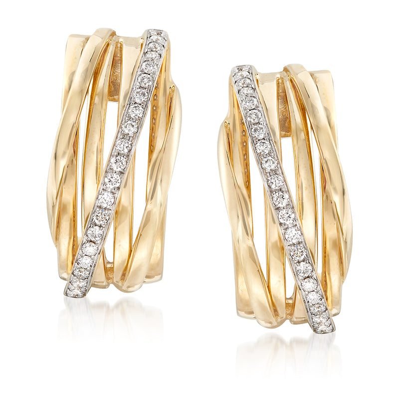 14kt yellow gold crisscross drop earrings with diamond accents