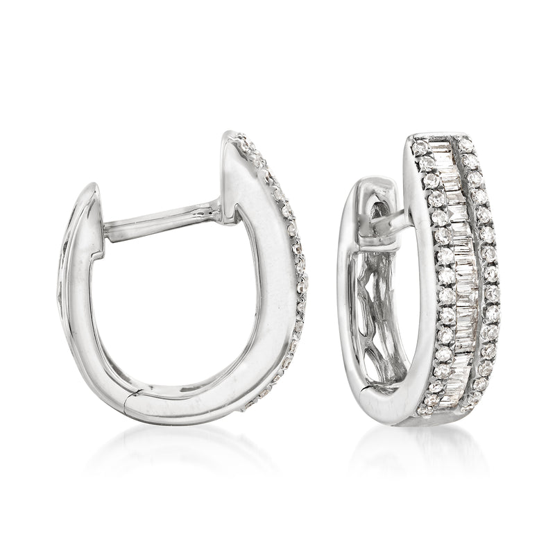 14kt white gold diamond huggie hoop earrings with round and baguette stones