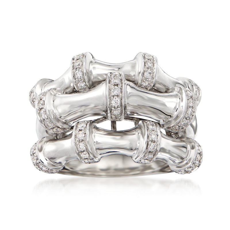 Three-row diamond ring in 14kt white gold with bezel-set round stones