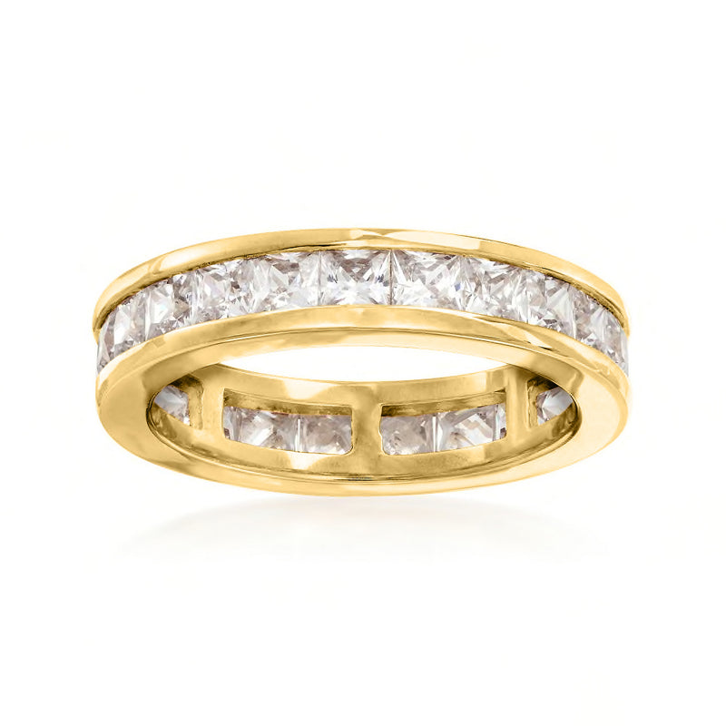 Gold-tone eternity band with clear CZ stones in a full row, round-prong design