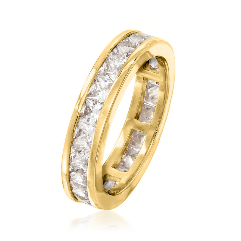 Gold-tone CZ eternity band ring with faceted stones along the curved edge, side view