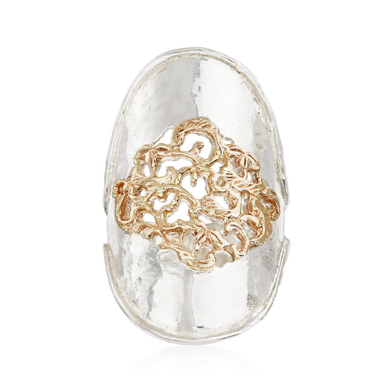 Sterling silver oval ring with 14kt yellow gold filigree center