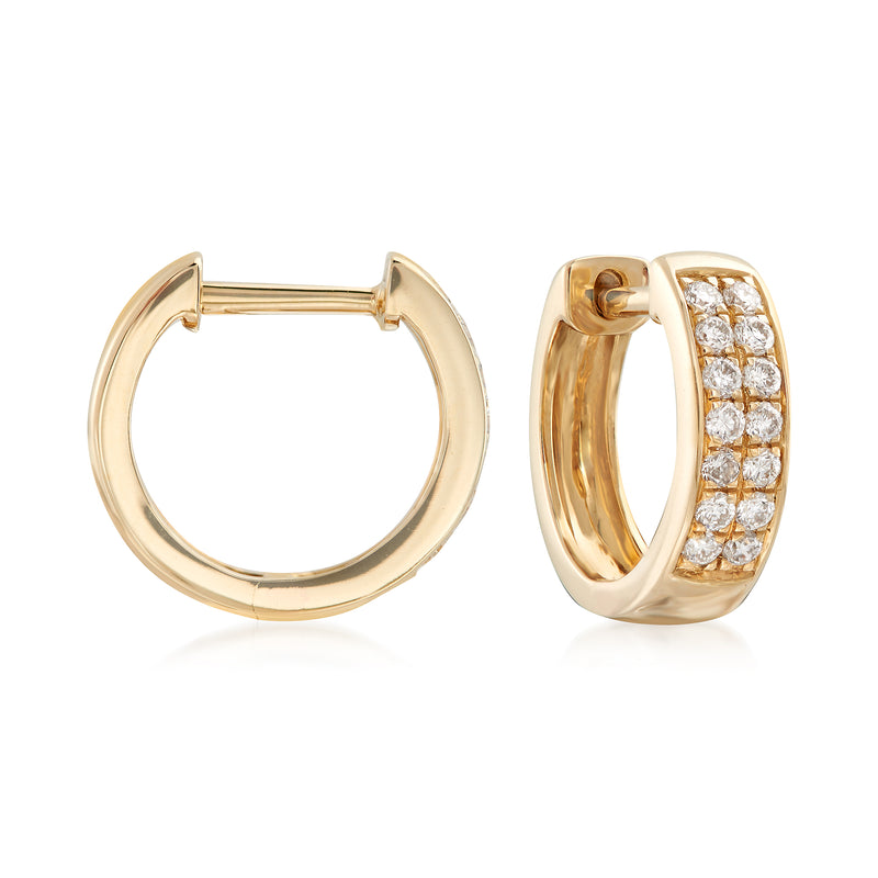 14kt yellow gold diamond huggie hoop earrings with round pavé diamonds