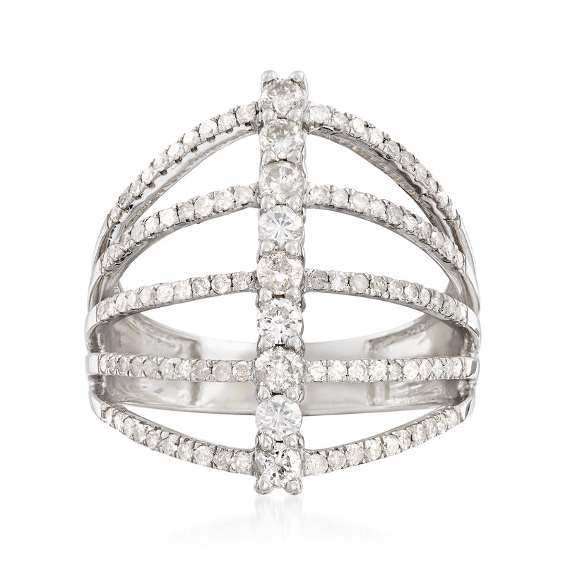 Sterling silver multi-row diamond ring with central vertical stone feature