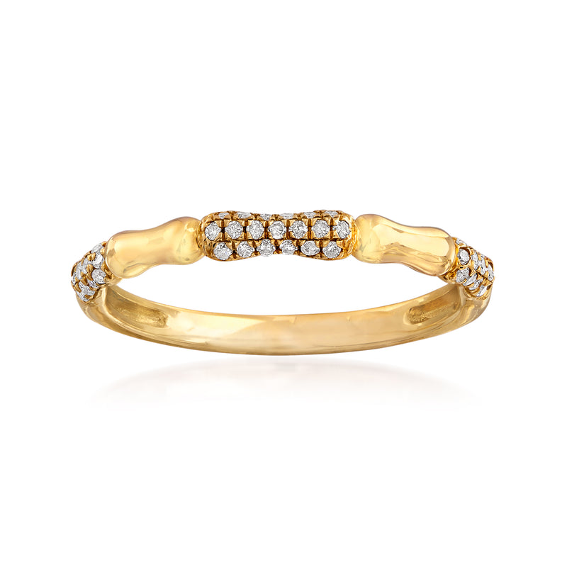 14kt yellow gold pave diamond ring with round stones on a curved band