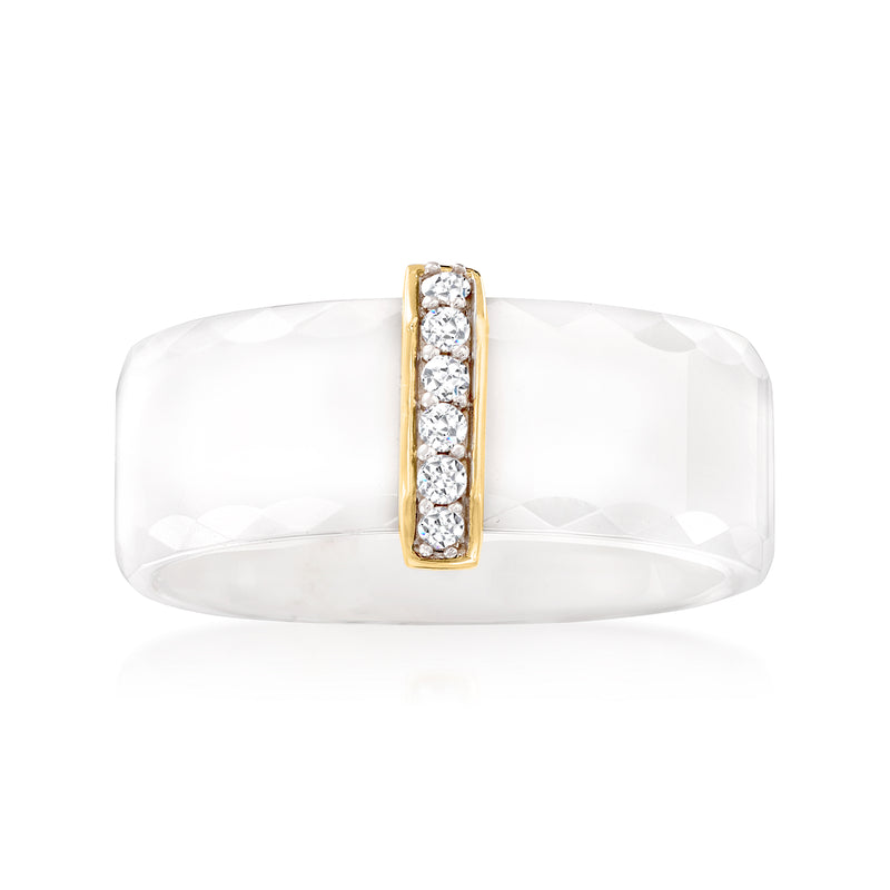 White ceramic ring with yellow gold bezel and row of round diamonds