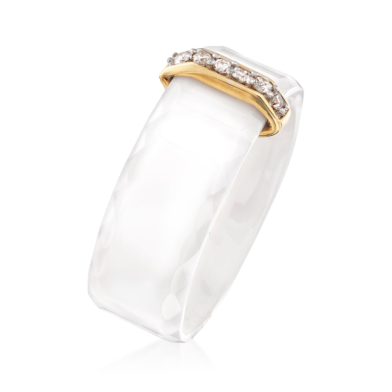 White ceramic band with yellow gold top frame and diamond row, side view