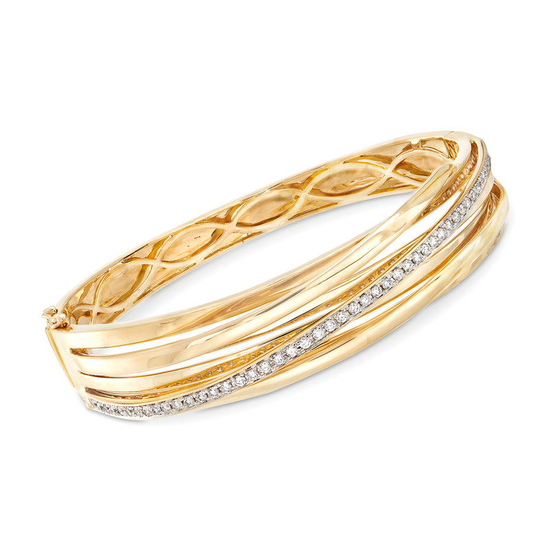 14kt yellow gold diamond-striped bangle bracelet with openwork pattern