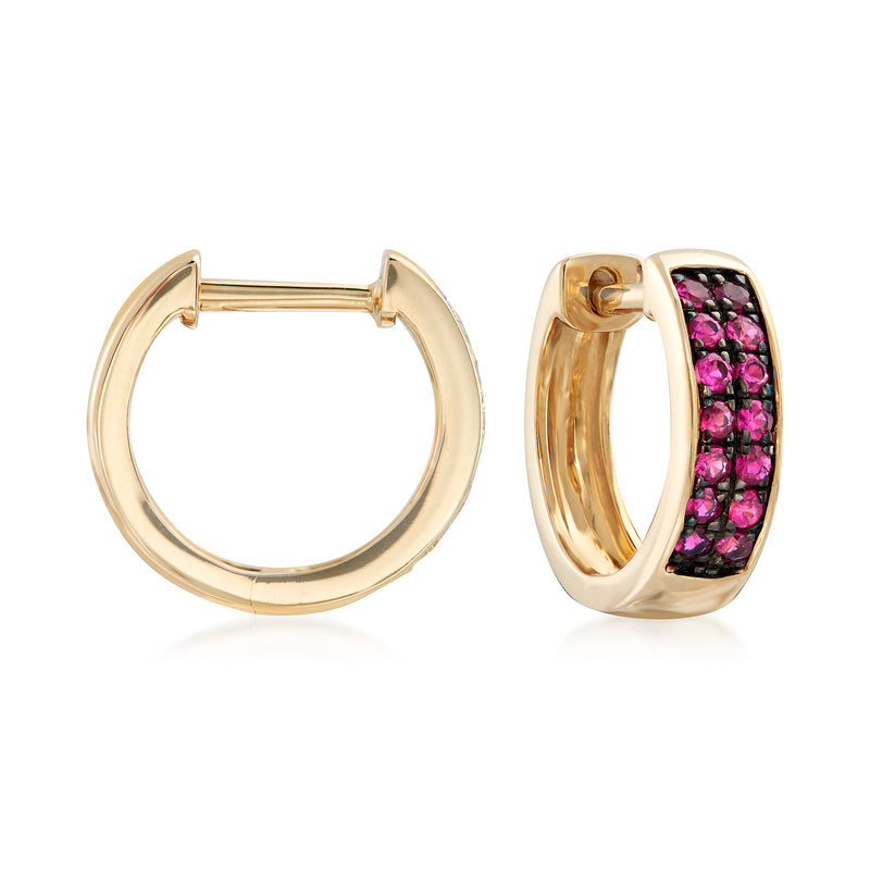 14kt yellow gold ruby huggie hoop earrings with pink gemstone pave