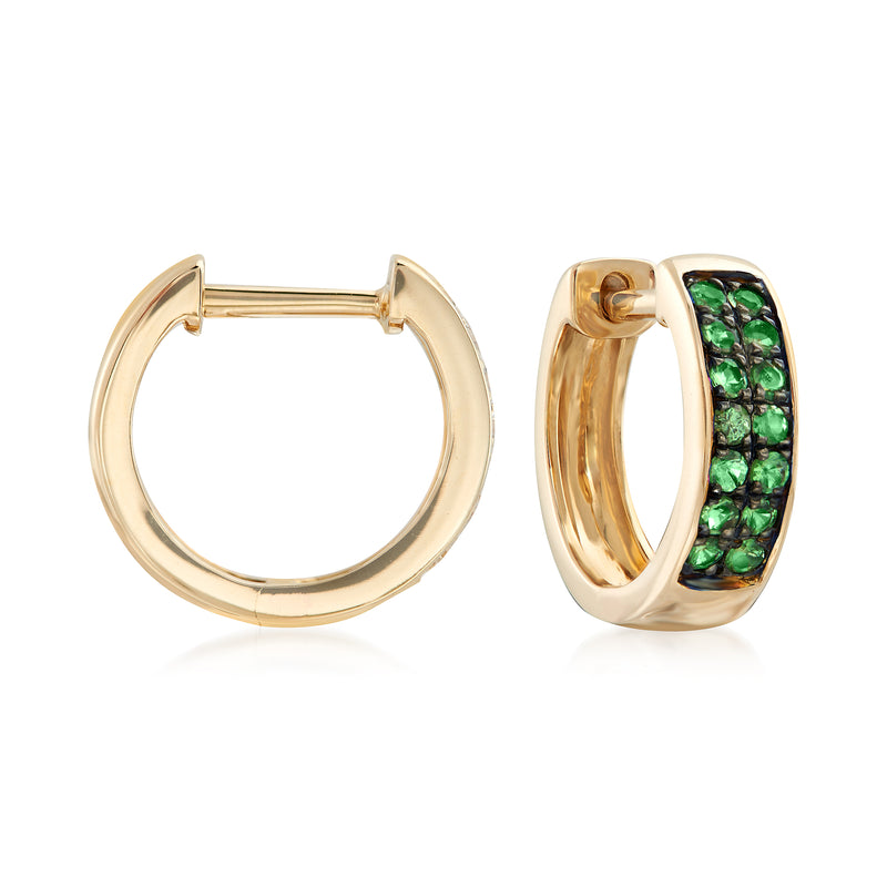 14kt yellow gold tsavorite huggie hoop earrings with green gemstones