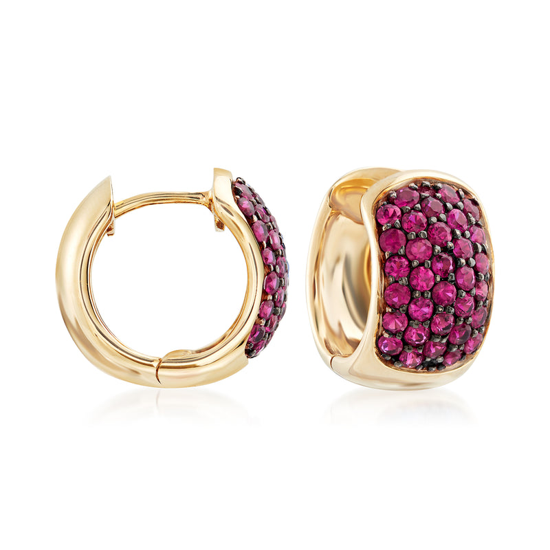 Ruby hoop earrings in 14kt yellow gold with pavé ruby front and black rhodium side