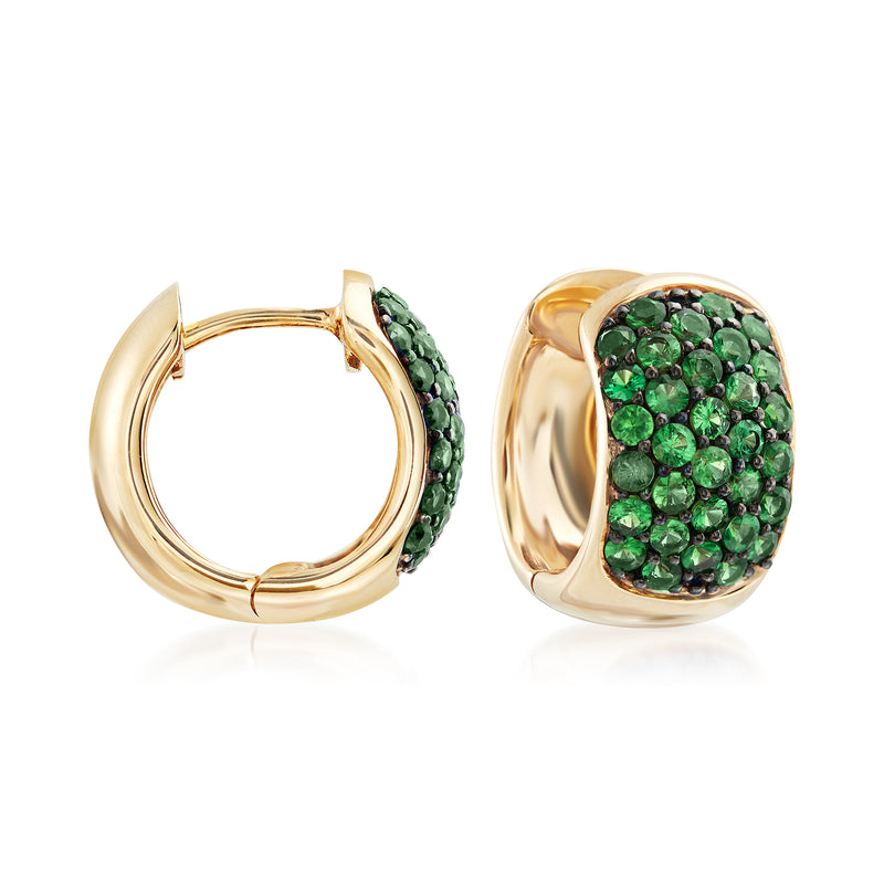 Tsavorite hoop earrings in 14kt yellow gold with black rhodium accents