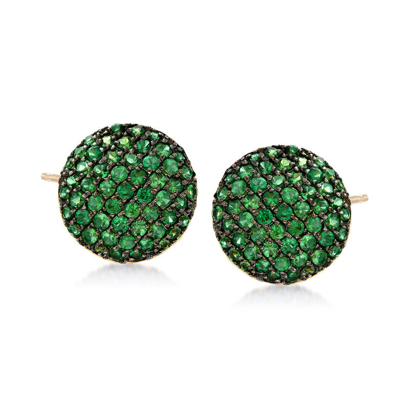Tsavorite stud earrings in 14kt yellow gold with black rhodium, round pavé design