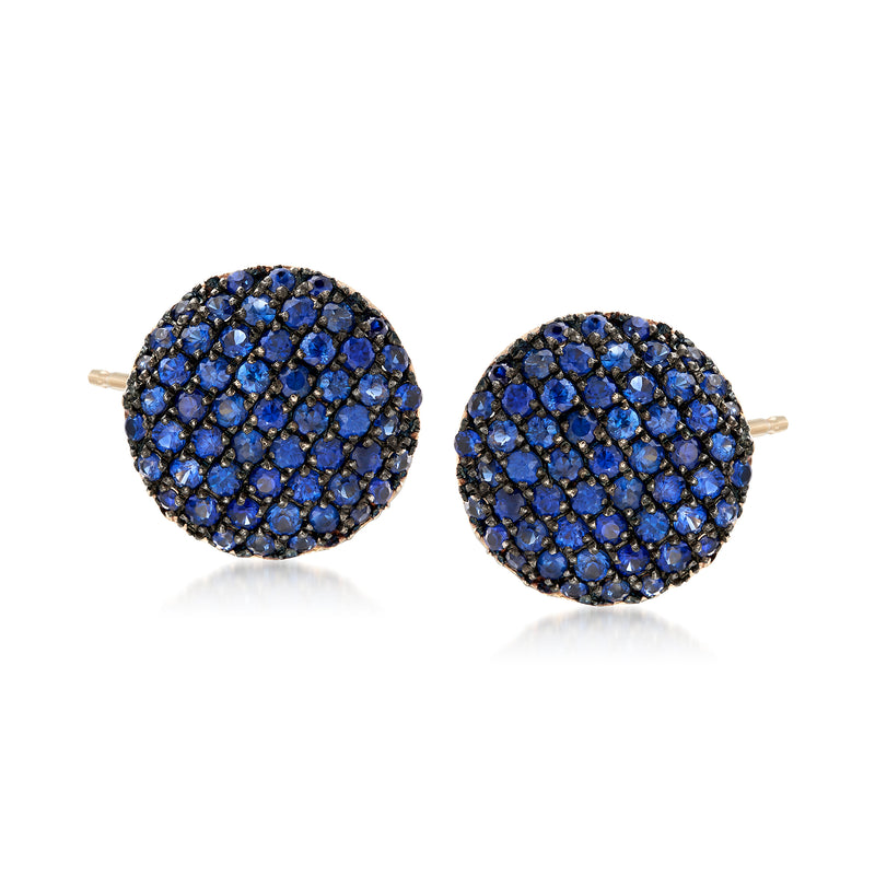 Sapphire stud earrings in 14kt yellow gold with black rhodium, round pavé design