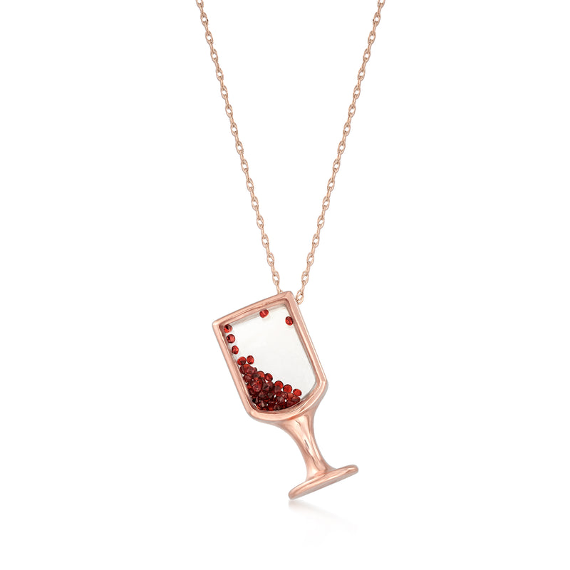 14kt rose gold wine glass pendant necklace with red garnet stones in goblet