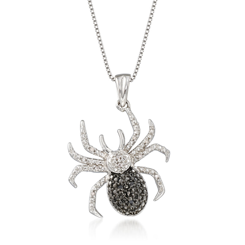 Sterling silver spider pendant necklace with diamond-crusted black and white stone body