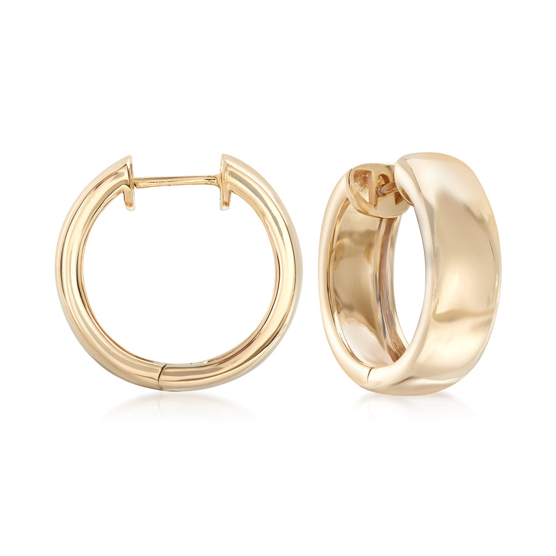 14kt yellow gold hoop earrings with hinged clasp, polished round hoop