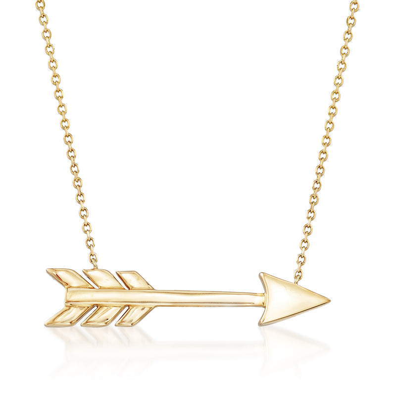 14kt yellow gold arrow necklace with pointed arrowhead and small raised chevrons