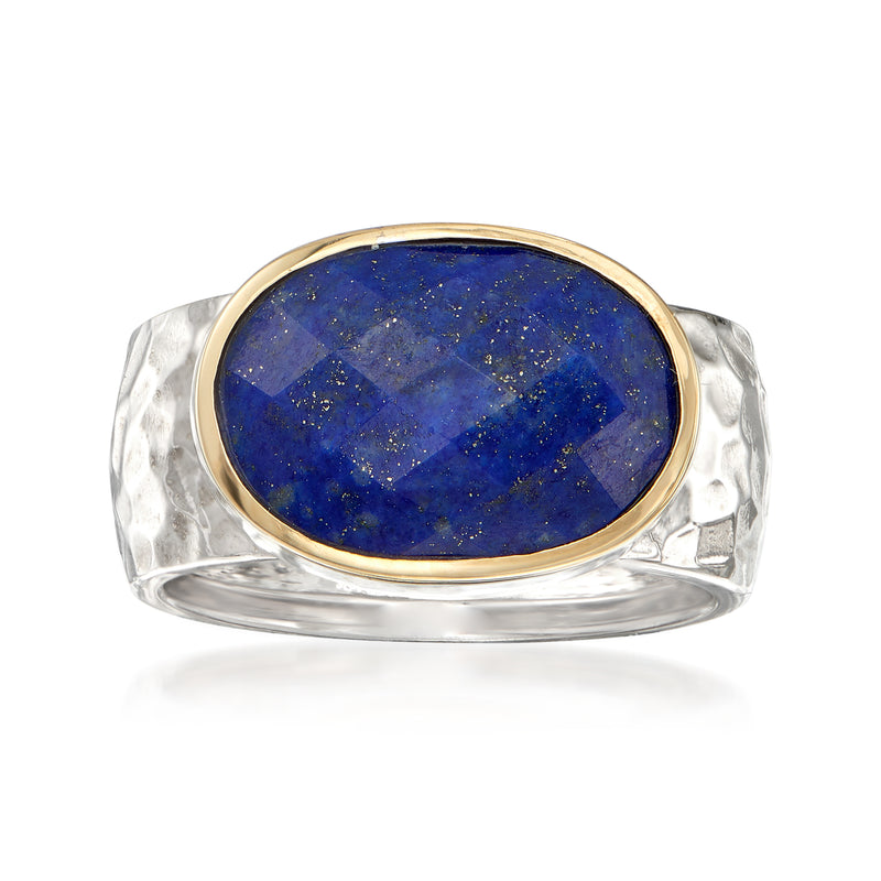 Lapis ring with oval blue lapis center set in sterling silver and 14kt yellow gold bezel