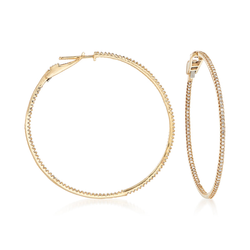 14kt yellow gold diamond inside-outside hoop earrings, round hinged design