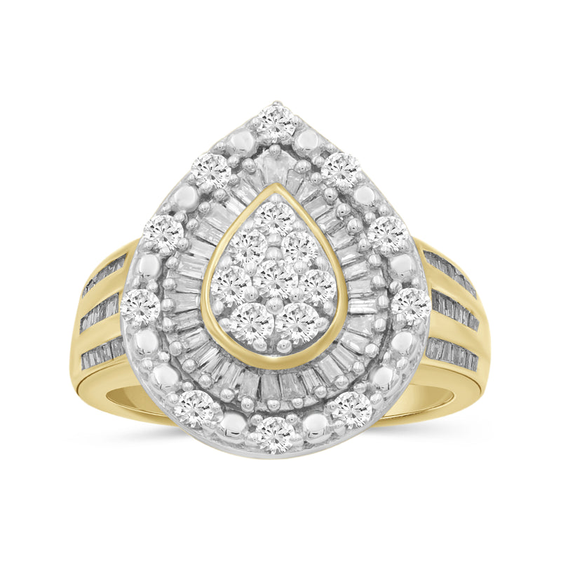 Gold over sterling diamond teardrop ring with round and baguette stones, pear-shaped centerpiece