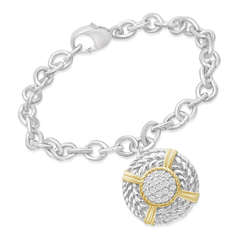 Two-tone sterling silver charm bracelet with round textured nautical medallion and gold accents