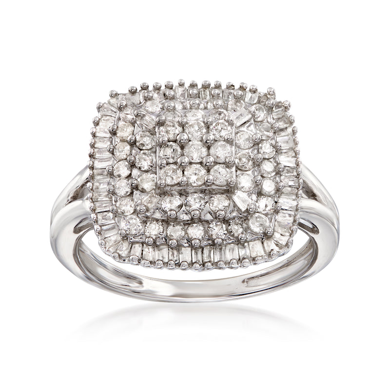 Sterling silver ring with round and baguette diamonds