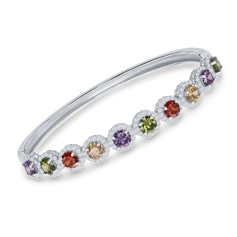 Sterling silver CZ halo bangle with multicolored round gemstones along curved band