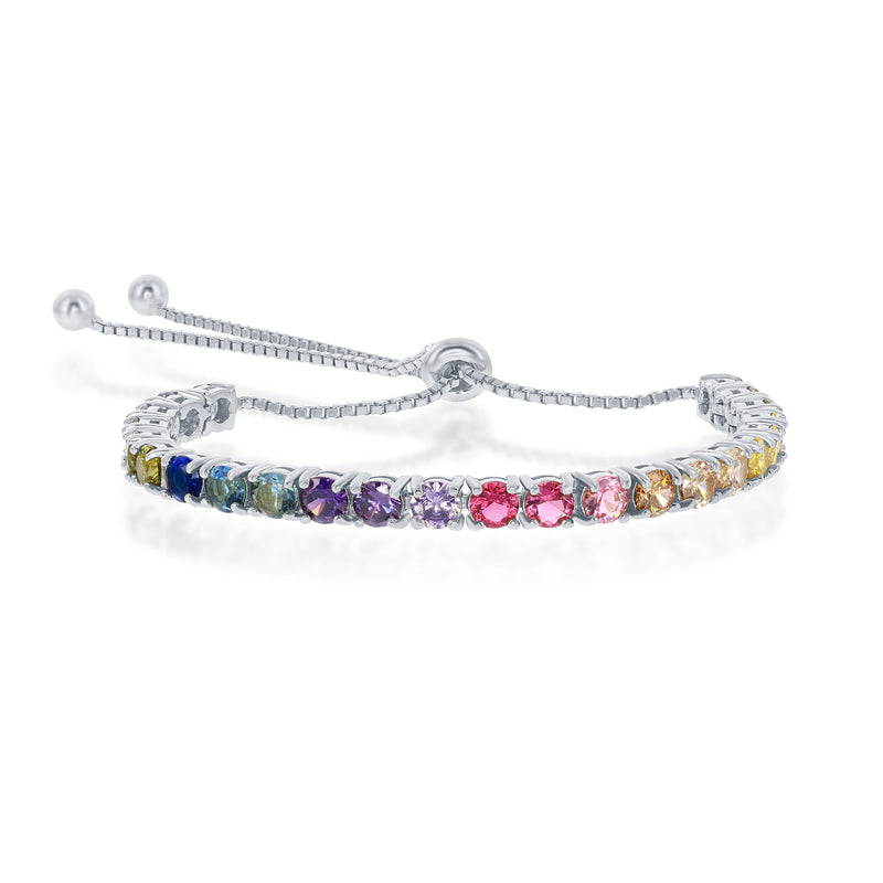 Sterling silver bolo bracelet with multicolored CZ stones and adjustable cord ends