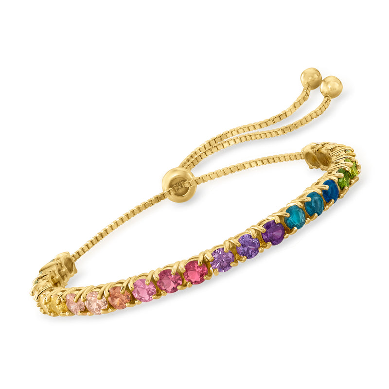 Gold bolo bracelet with multicolored CZ stones and two round end caps