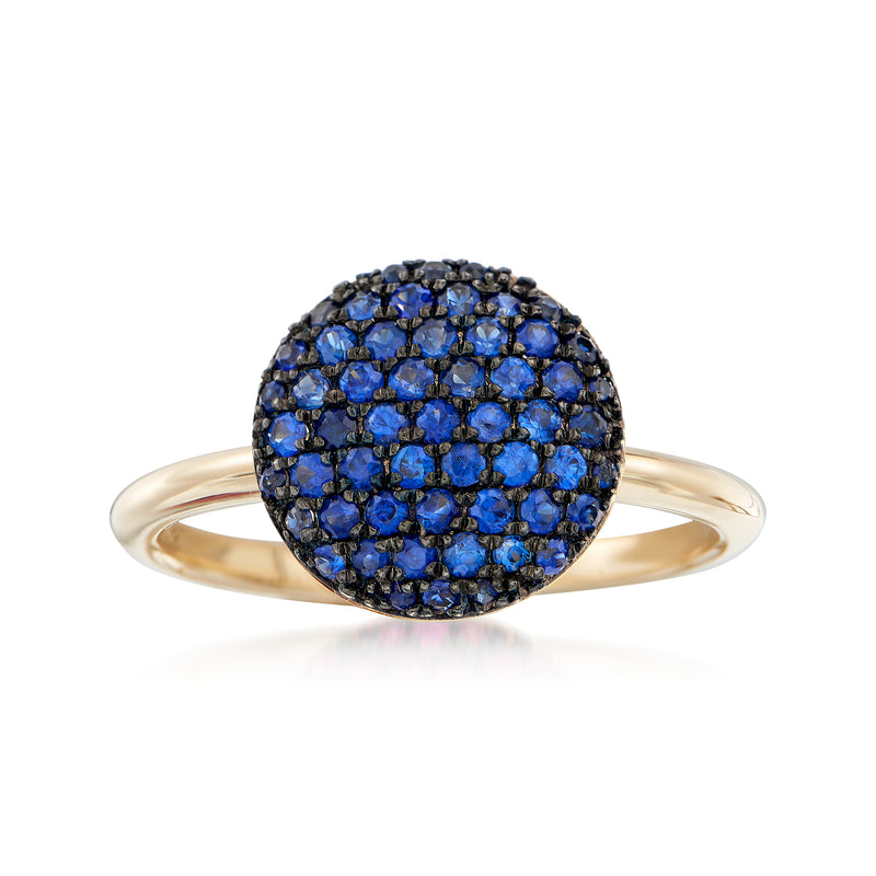 14kt yellow gold ring with dark blue sapphire circle cluster center